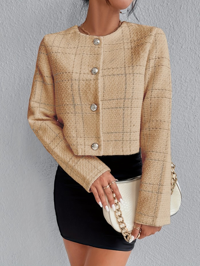 Plaid Pattern Button Front Jacket, Elegant Long Sleeve Jacket For Spring & Fall, Women's Clothing