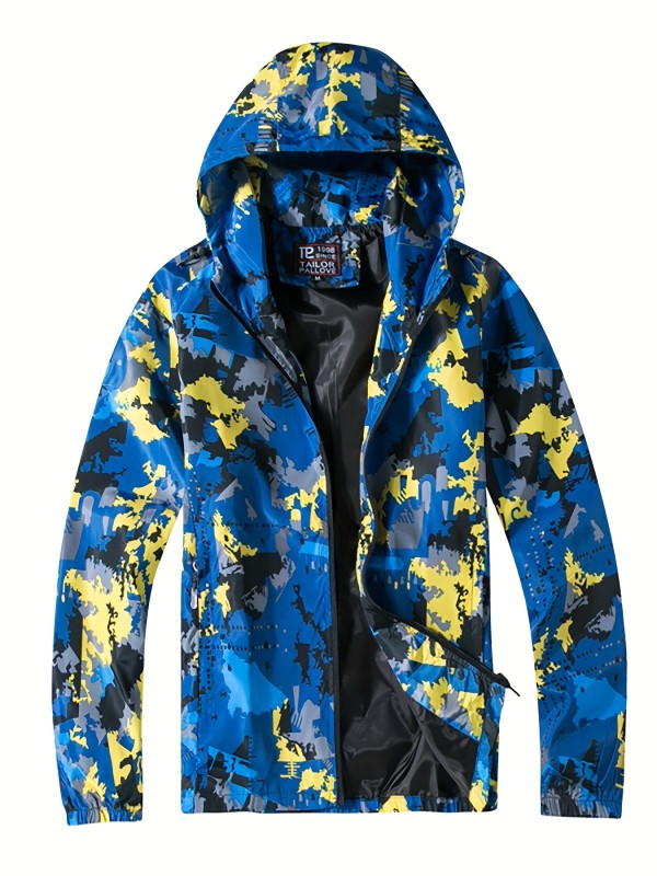 Men's Casual Camouflage Pattern Jacket, Chic Hooded Windbreaker Jacket