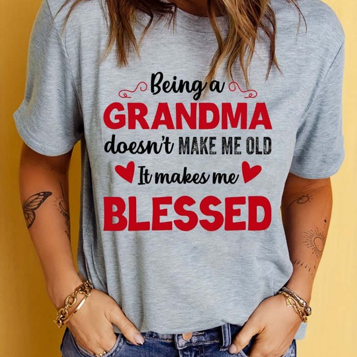 Blessed Grandma Print T-Shirt, Mother's Day Short Sleeve Crew Neck Casual Top For Spring & Summer, Women's Clothing
