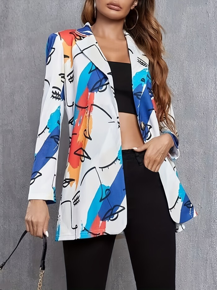 Abstract Print Blazer, Casual Lapel Long Sleeve Outerwear, Women's Clothing
