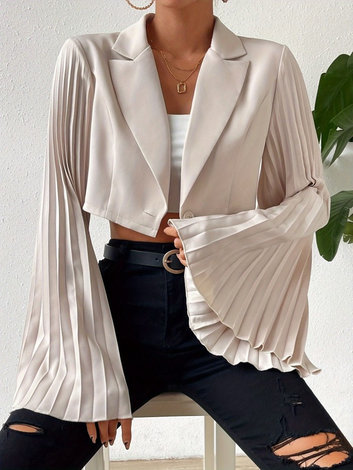Solid Color Open Front Blazer, Elegant Lapel Neck Single Button Batwing Sleeve Blazer For Spring & Fall, Women's Clothing