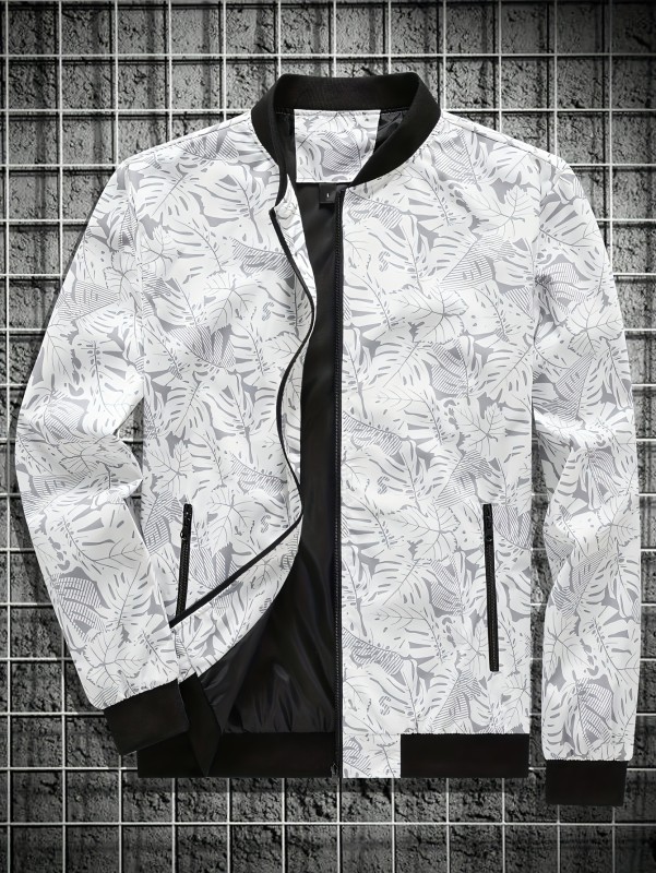 Men's Casual Leaf Pattern Zipper Pockets Jacket, Chic Zip Up Baseball Collar  Jacket