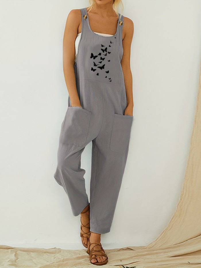 Pocket Solid Tank Jumpsuit, Loose Casual Every Day Jumpsuit, Women's Clothing
