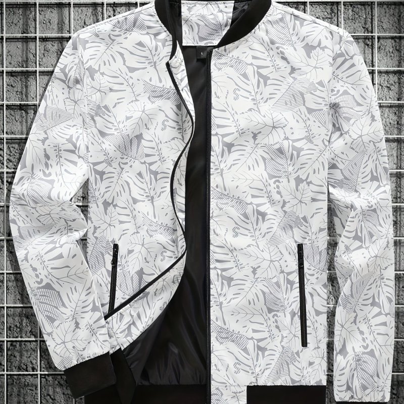 Men's Casual Leaf Pattern Zipper Pockets Jacket, Chic Zip Up Baseball Collar  Jacket