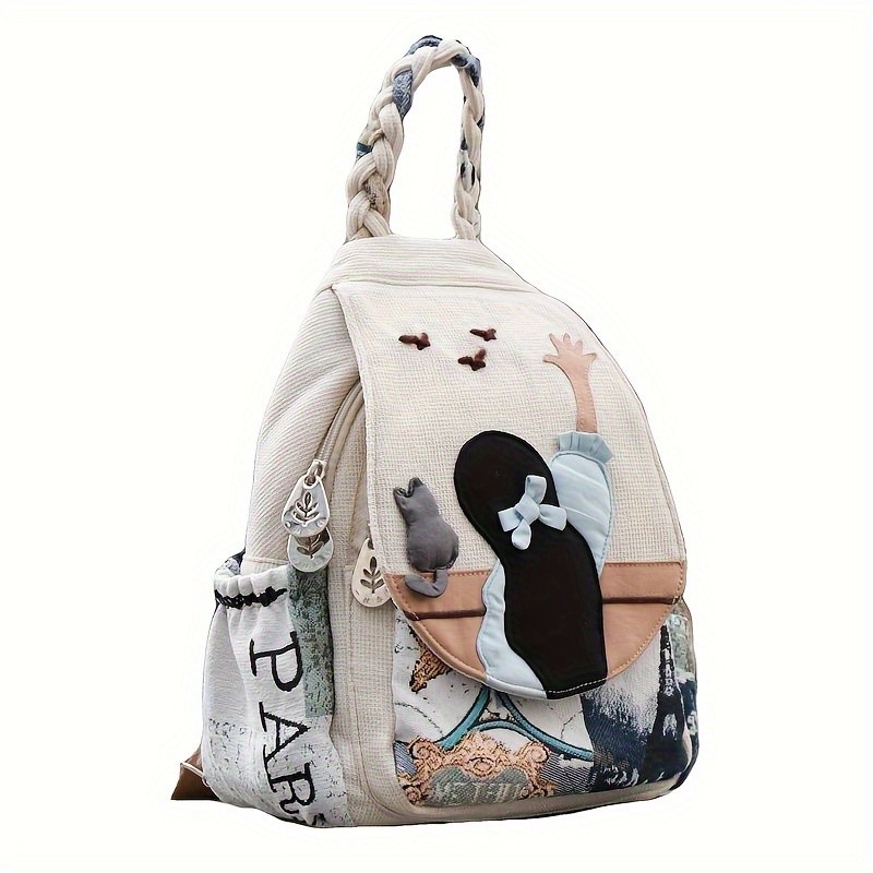 Bohemian Ethnic Multi-color Cute Cat And Wild Goose Backpack, Trendy Backpack