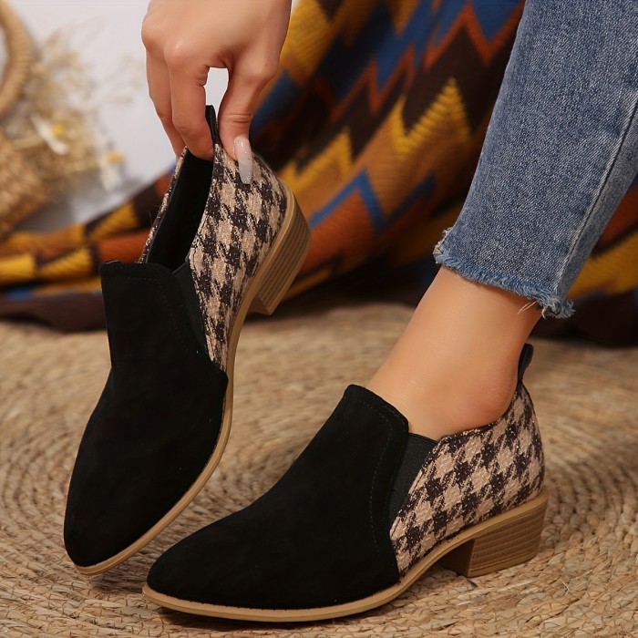 Women's Chunky Heel Short Boots, Casual Houndstooth Pattern Ankle Boots, Comfortable Point Toe Boots