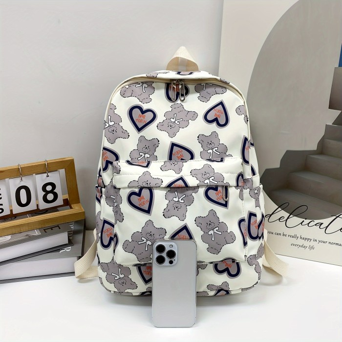 Kawaii Love Bear Print Backpack, Aesthetic Nylon Schoolbag, Large Capacity Travel Daypack