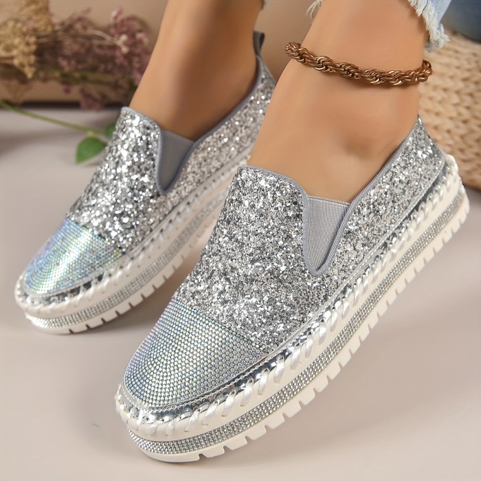 Women's Rhinestone & Sequins Decor Loafers, Fashion Slip On Flat Shoes, Comfortable Platform carnival Shoes