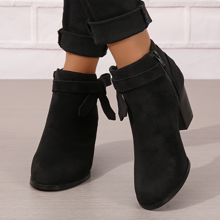 Women's Chunky Heeled Ankle Boots, Bowknot Side Zipper Stacked Heels Booties, Casual Suedette Short Boots