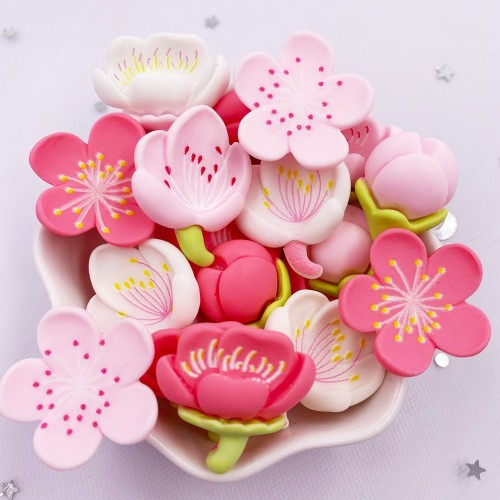10pcs Resin Kawaii Colorful Painted Cherry Blossoms Flatback Flower Stone Scrapbook Figurines DIY Bow Accessories Decor Crafts
