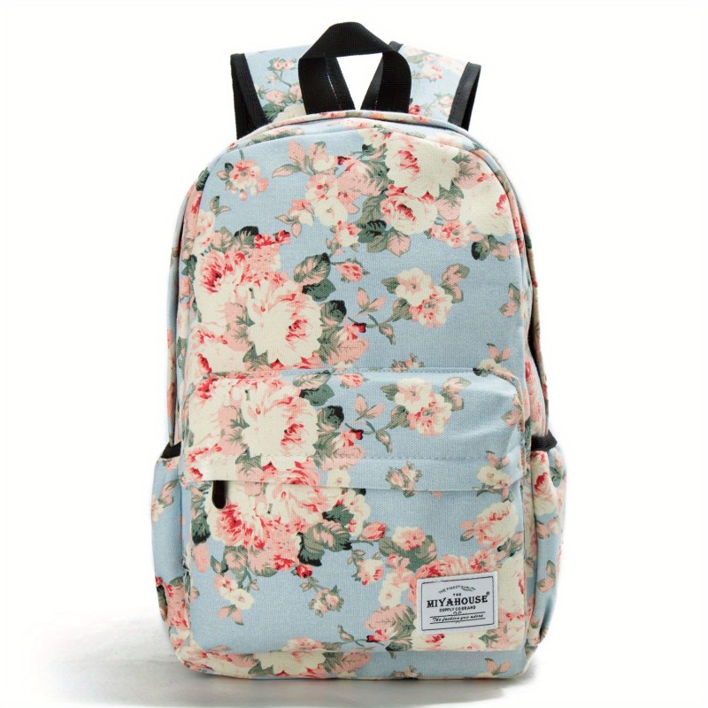 Flower Pattern Canvas Backpack, Women's Large Capacity Shoulder Laptop Bag, Casual Zipper Backpack