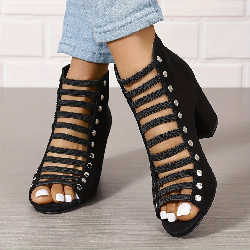 Women's Block Heeled Sandals, Studded Cutout Peep Toe Back Zipper Heels, Fashion Solid Color Going Out Sandals