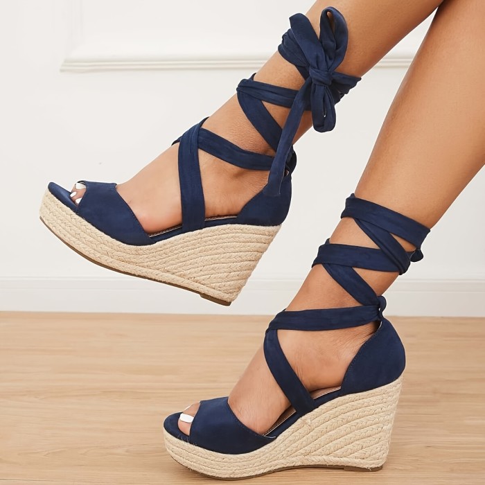 Women's Peep Toe Lace-up Wedge Sandals, Solid Color Platform Espadrille Shoes, Outdoor Beach Travel Shoes
