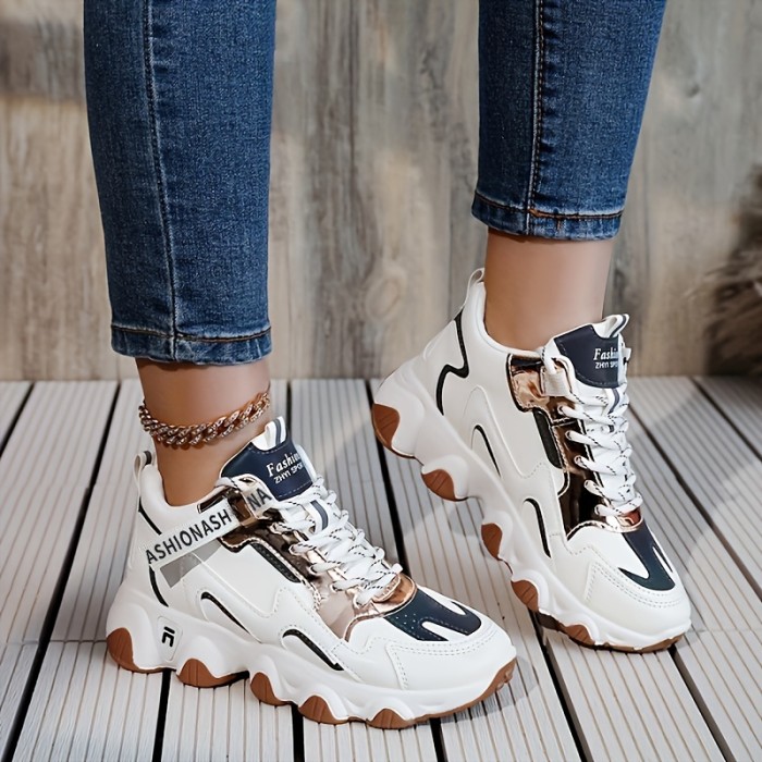Women's Thick Sole Non-slip Thermal Waterproof Colorblock Lace-up Chunky Sneakers