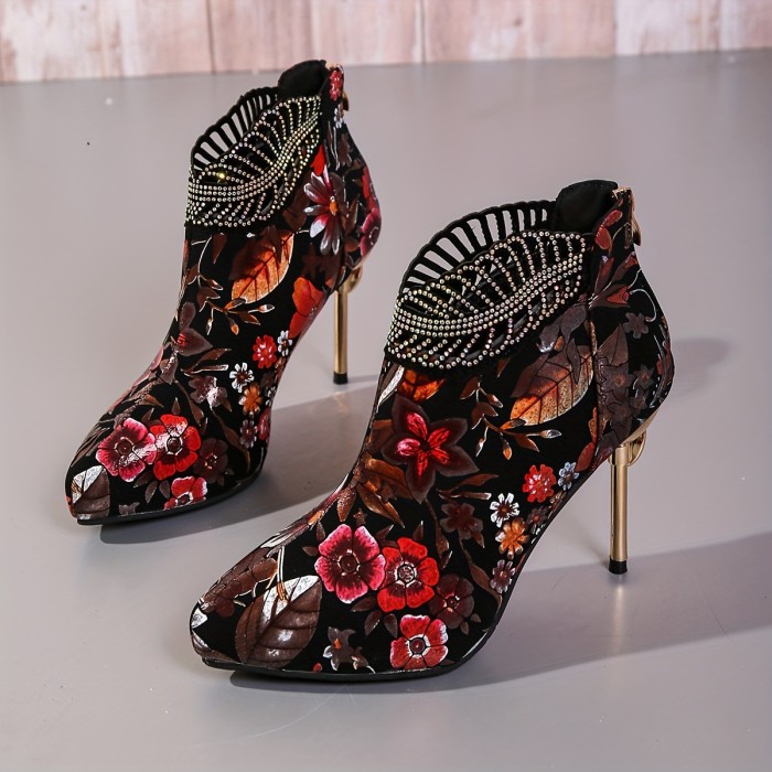 Women's Floral Print High Heels, Rhinestone Decor Pointed Toe Back Zipper Stiletto Boots, Fashion Elegant Dress Ankle Boots