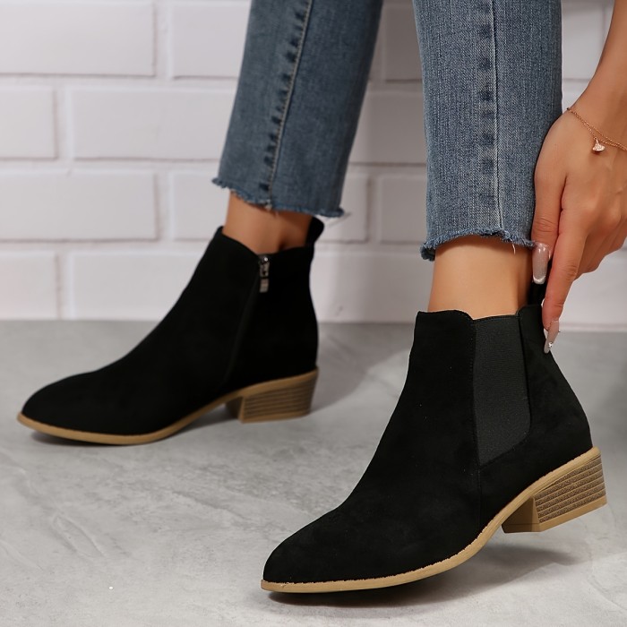 Women's Chunky Heel Chelsea Boots, Fashion Point Toe Side Zipper Boots, Comfortable Stretch Fabric Sided Boots