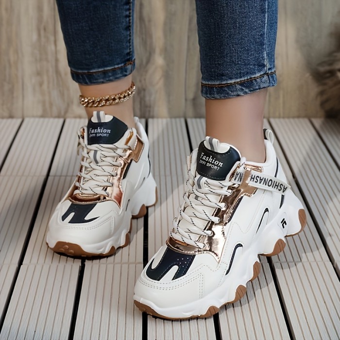 Women's Thick Sole Non-slip Thermal Waterproof Colorblock Lace-up Chunky Sneakers
