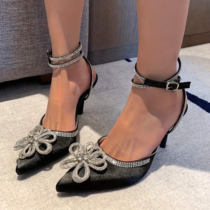Women's Rhinestone Decor Slingback Pumps, Pointed Toe Ankle Strap High Heels, Fashion Party & Banquet Dress Shoes