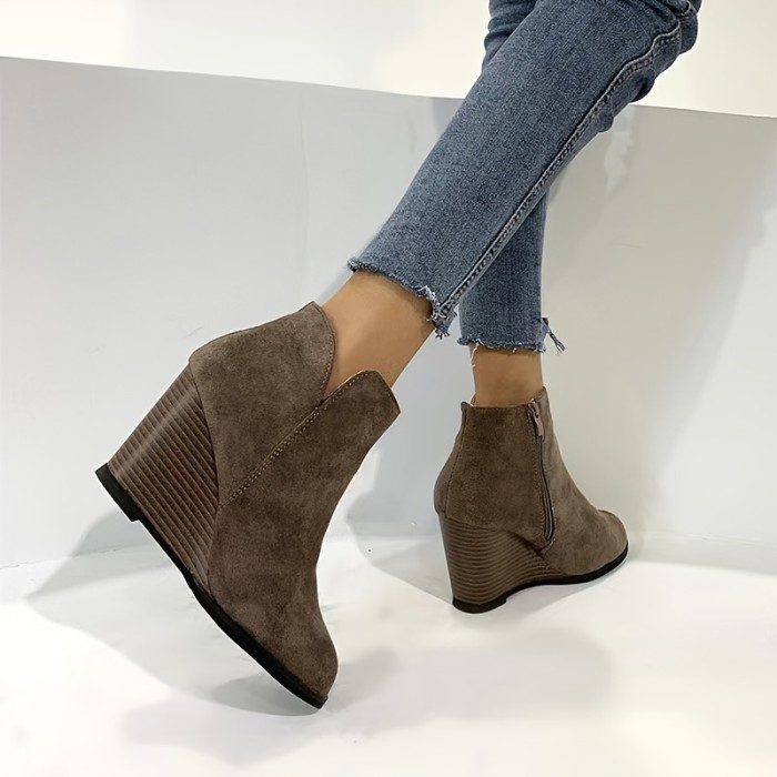 Women's Wedge Heeled Ankle Boots, Retro Suedette Side Zipper Short Boots, Comfy V-cut Boots
