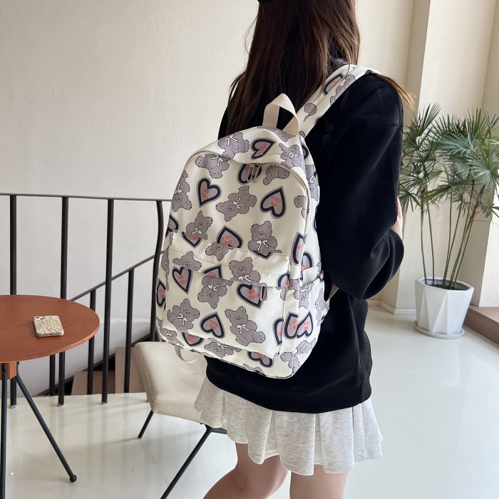 Kawaii Love Bear Print Backpack, Aesthetic Nylon Schoolbag, Large Capacity Travel Daypack
