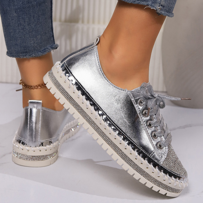 Women's Rhinestone Decor Sneakers, Fashion Lace Up Low Top Platform Skate Shoes, Casual Outdoor Walking Shoes