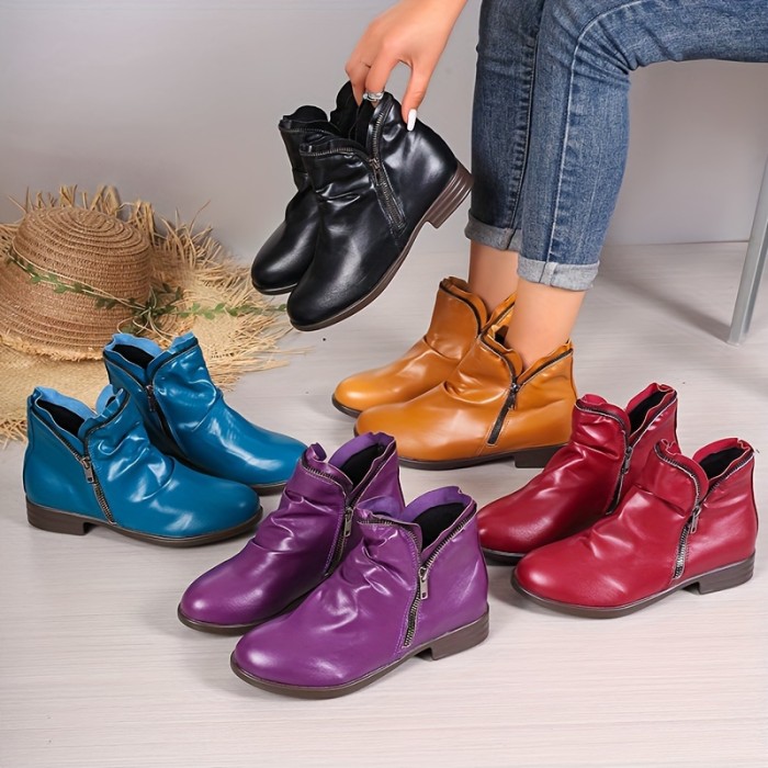 Women's Double Zipper Ankle Boots, Solid Color Chunky Low Heeled Shoes, Retro Ruched Detail Short Boots