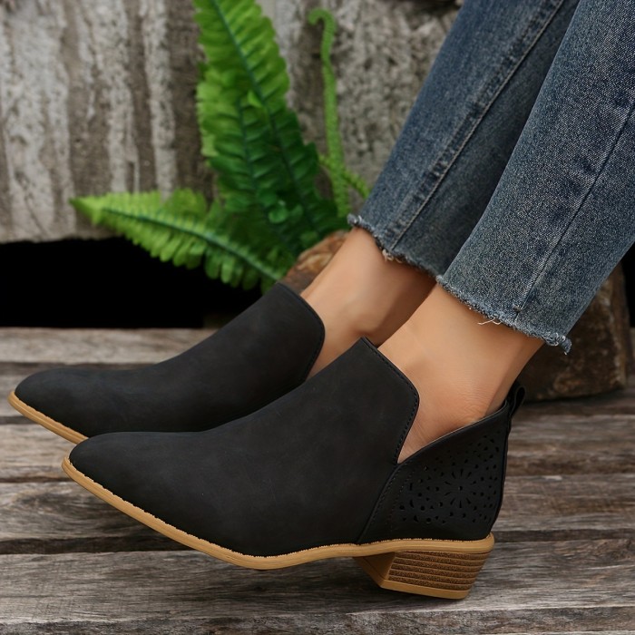 Women's Perforated Short Boots, Retro Pointed Toe Slip On Stacked Chunky Low Heels, V-cut Micro Suede Boots