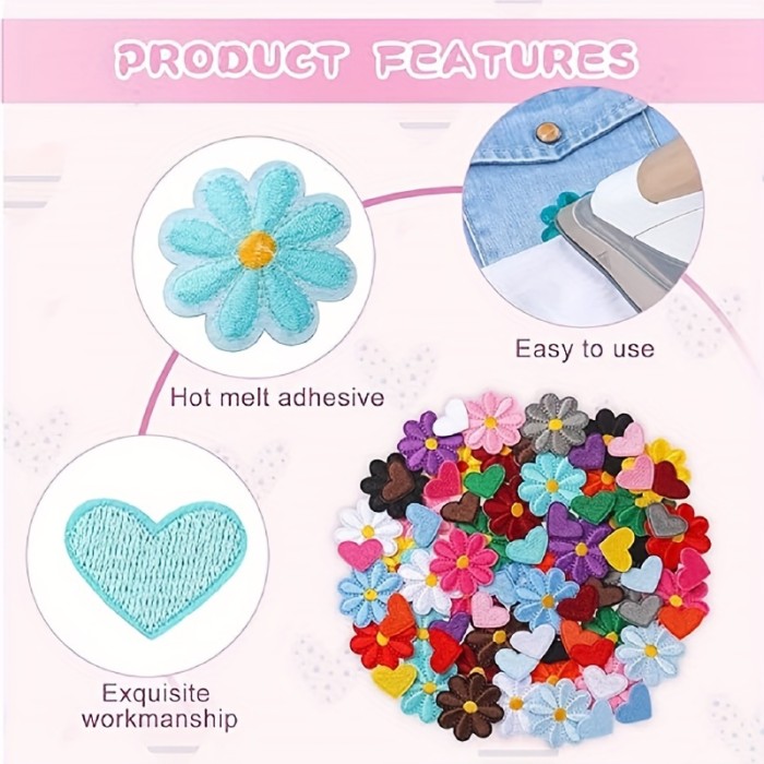 60Pcs Iron On Patches Flower Iron On Patches Heart Patches Mini Embroidery Applique Patches Colorful For Clothing Repair Decorations DIY Craft, Assorted Colors