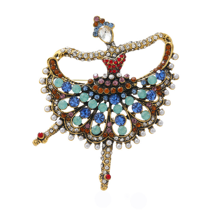 1pc Retro Rhinestone Ballet Girl Creative Badge For Men, Clothing Elegant Colorful Crystal Vintage Brooch Pin
