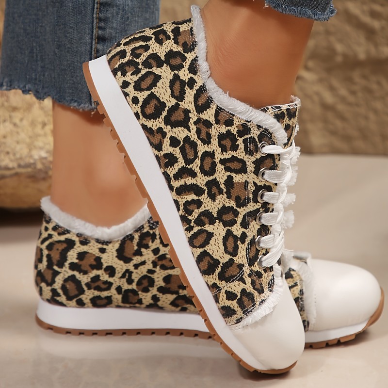 Women's Leopard Print Sneakers, Casual Lace Up Outdoor Shoes, Comfortable Low Top Shoes