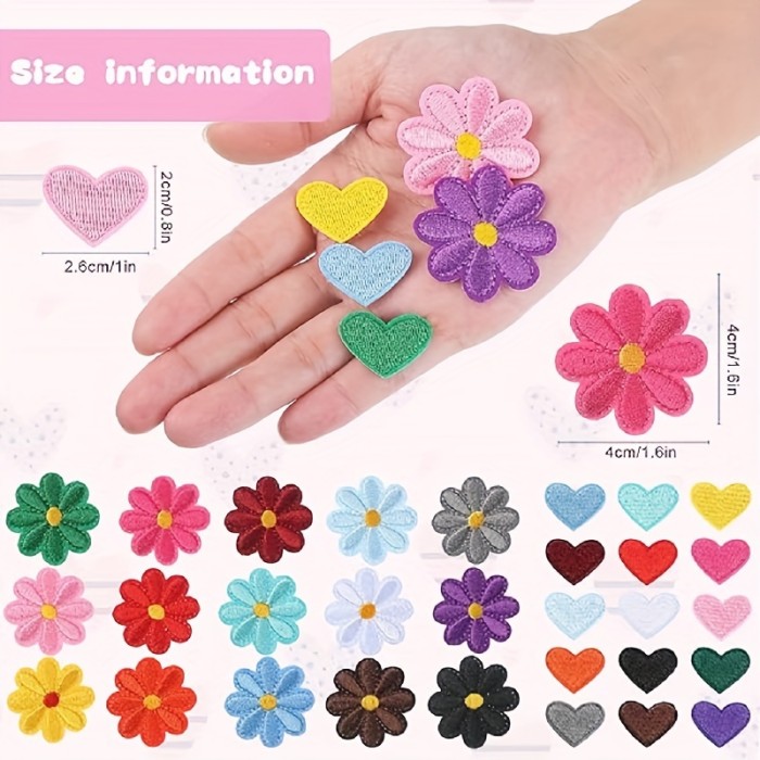 60Pcs Iron On Patches Flower Iron On Patches Heart Patches Mini Embroidery Applique Patches Colorful For Clothing Repair Decorations DIY Craft, Assorted Colors