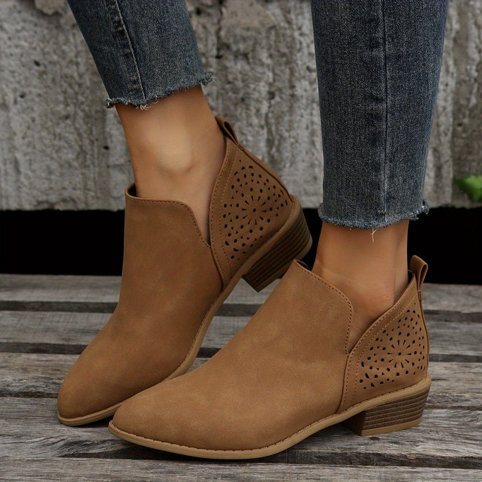 Women's Perforated Short Boots, Retro Pointed Toe Slip On Stacked Chunky Low Heels, V-cut Micro Suede Boots