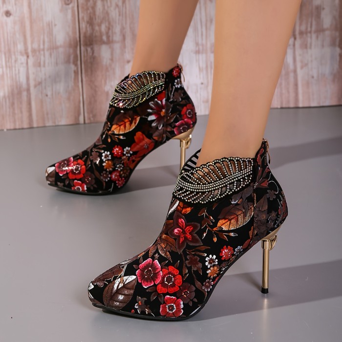 Women's Floral Print High Heels, Rhinestone Decor Pointed Toe Back Zipper Stiletto Boots, Fashion Elegant Dress Ankle Boots