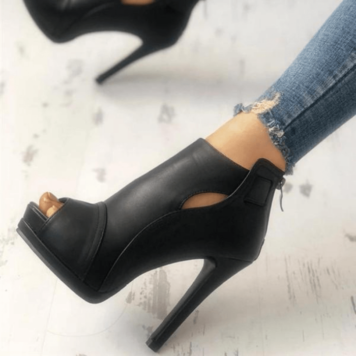 Women's Peep Toe High Heel Ankle Boots, Black Cut-out Back Zipper Stiletto Sandals, Party & Club Shoes