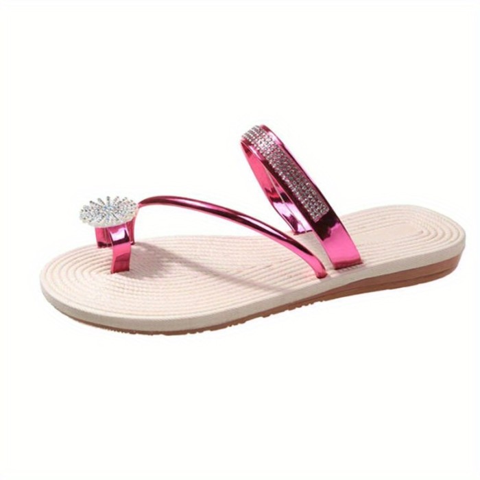 Women's Flower Rhinestone Flat Flip Flops, Fashion Open Toe Non Slip Toe Loop Slides Shoes, Casual Beach Slippers