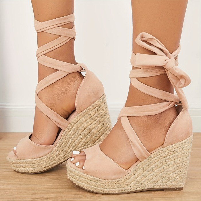 Women's Peep Toe Lace-up Wedge Sandals, Solid Color Platform Espadrille Shoes, Outdoor Beach Travel Shoes