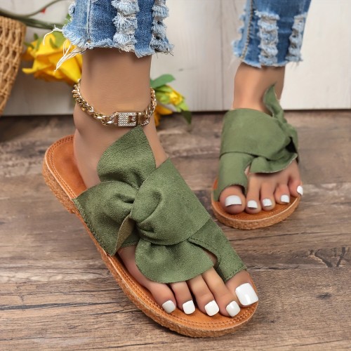 Women's Bow Flat Slippers, Fashion Solid Color Toe Loop Non Slip Slides Shoes, Casual Beach Slippers