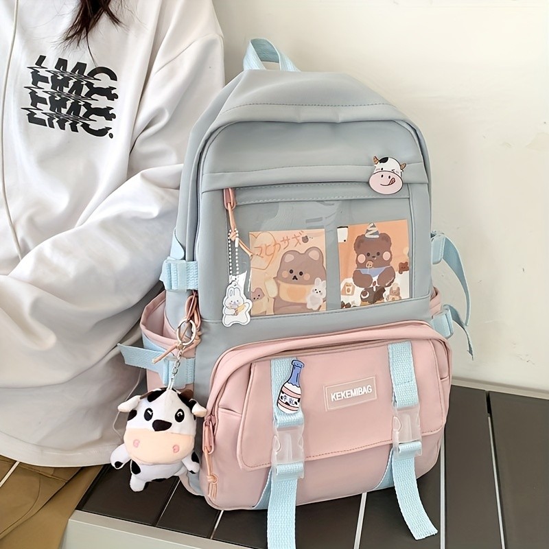 Preppy Fashion Versatile Student Backpack For School Large Capacity Storage Bag Cute Cartoon Bear Backpack Contrast Color Backpack For Travel Daily Use