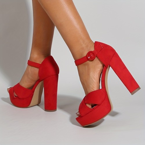 Women's Platform High Heels, Solid Color Cross Strap Ankle Buckle Strap Block Heels, Party & Dress Sandals