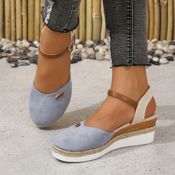 Women's Colorblock Trendy Sandals, Ankle Buckle Strap Comfy Platform Shoes, Versatile Wedge Closed Toe Shoes