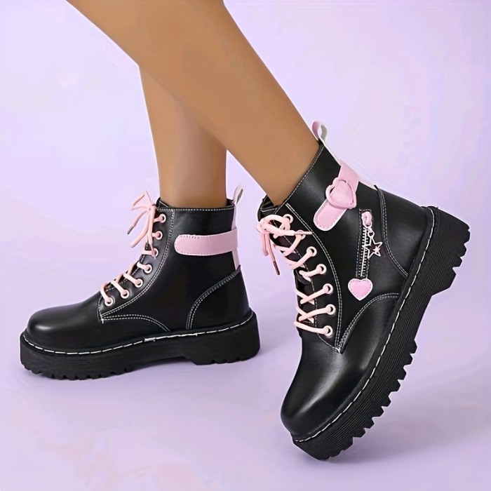 Women's Platform Short Boots, Fashion Lace Up Side Zipper Boots, Stylish Heart Buckle Decor Ankle Boots