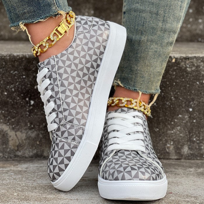Women's Geometric Pattern Sneakers, Casual Lace Up Outdoor Shoes, Comfortable Low Top Shoes