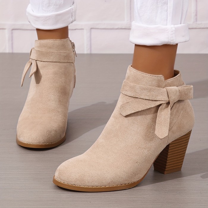 Women's Chunky Heeled Ankle Boots, Bowknot Side Zipper Stacked Heels Booties, Casual Suedette Short Boots