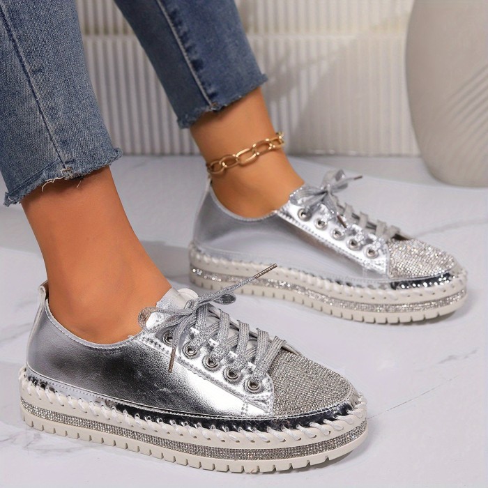 Women's Rhinestone Decor Sneakers, Fashion Lace Up Low Top Platform Skate Shoes, Casual Outdoor Walking Shoes