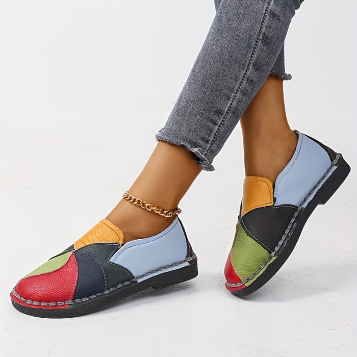 Women's Colorblock Flat Loafers, Fashion Round Toe Soft Sole Slip On Faux Leather Shoes, Casual Walking Anti-skid Shoes