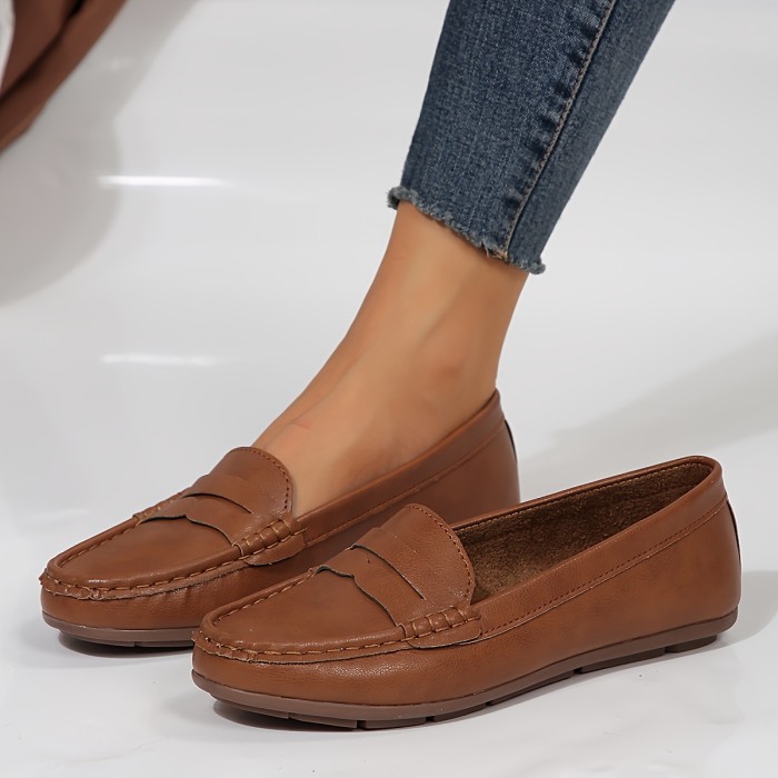Women's Solid Color Soft Sole Shoes, Casual Slip On Flat Shoes, Lightweight Faux Leather Shoes