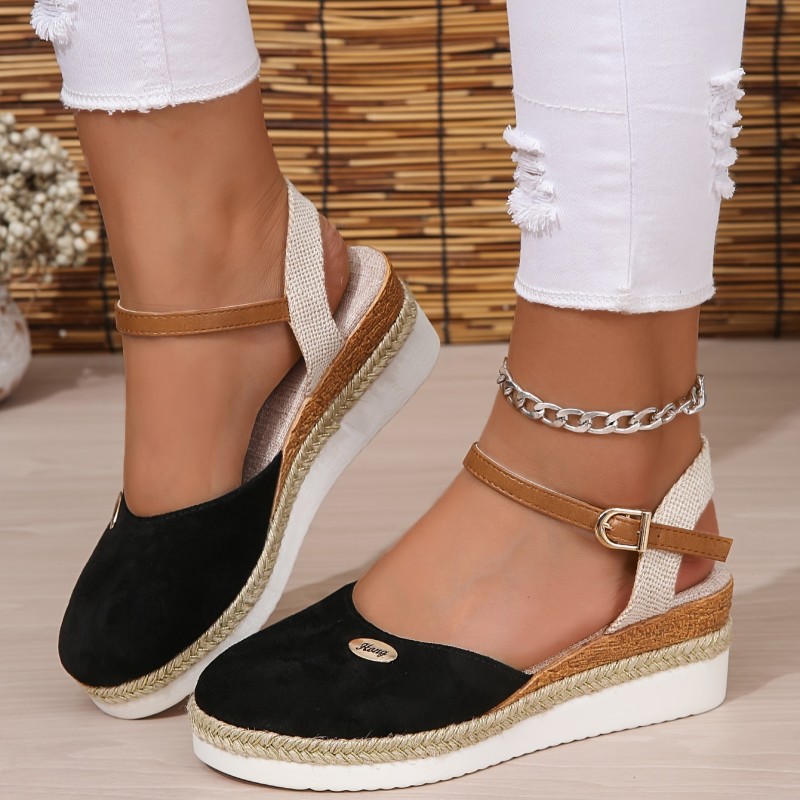 Women's Colorblock Platform Sandals, Ankle Buckle Strap Comfy Slingback Shoes, Versatile Closed Toe Wedge Shoes