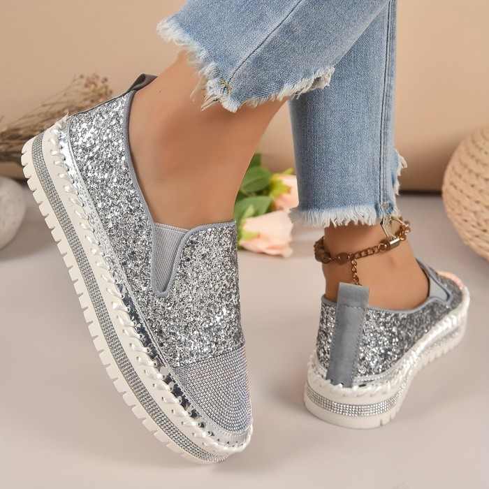 Women's Rhinestone & Sequins Decor Loafers, Fashion Slip On Flat Shoes, Comfortable Platform carnival Shoes