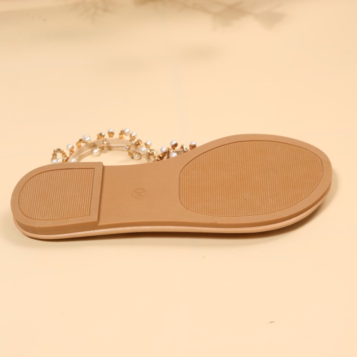 Women's Faux Pearl Flat Sandals, Stylish Rhinestone Toe Loop Slip On Shoes, Outdoor Beach Non Slip Sandals