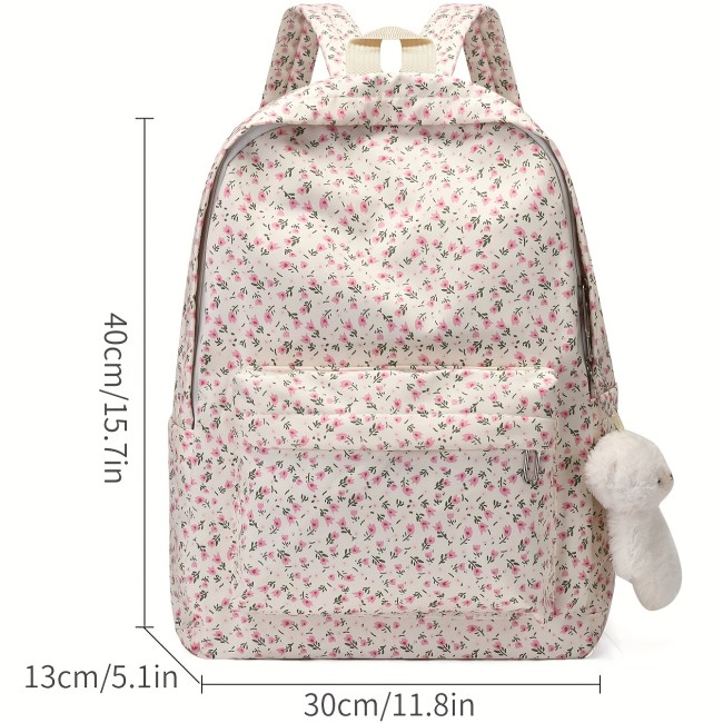 Versatile Small Floral Nylon Backpack, Casual Outdoor Travel Student Backpack, Large Capacity Printed Shoulder Handbag With Pendant